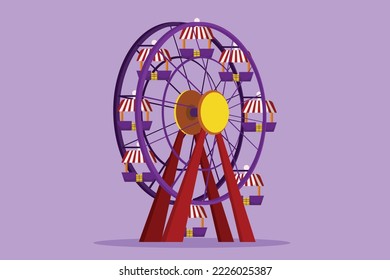 Cartoon flat style drawing of colorful ferris wheel in an amusement park, a large circular circle high in the sky. Interesting recreational rides for happy families. Graphic design vector illustration