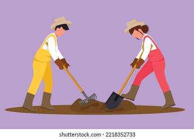 Cartoon flat style drawing couple farmers plow or plough the ground using rake and shovel. Starting new planting season at rural. Success farmer with organic crop. Graphic design vector illustration