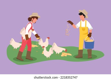 Cartoon flat style drawing couple farmers holding bucket of seeds and feeding chickens and hens. Countryside farming. Rural scene with agricultural worker, poultry. Graphic design vector illustration