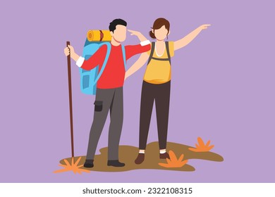 Caricatura de estilo plano dibujando a una pareja de hombres excursionista en la cima de la montaña mirando a la distancia. Aventura en terreno montañoso. Exploración, aventura de senderismo, viaje. Ilustración vectorial de diseño gráfico