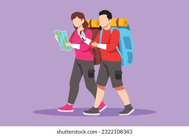Caricatura de estilo plano pareja de dibujantes hombres de excursión mujer con mochila y mapa está viajando al aire libre. Senderismo, exploración, excursiones de senderismo. Turismo, aventuras en la naturaleza. Ilustración vectorial de diseño gráfico