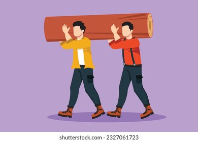 Cartoon flat style drawing couple of lumberjack laborers carrying heavy wooden log on shoulders in forest. Woodcutters working in wood logging industry. Two labor. Graphic design vector illustration