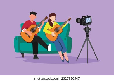 Cartoon flat style drawing couple vlog influencer performing music show to streaming internet online audience listening at home. Man woman playing guitar, sing song. Graphic design vector illustration