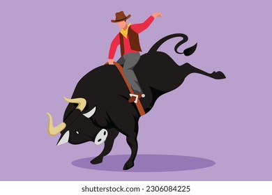 Cartoon flat style drawing of cowboy riding wild bull for exciting rodeo show. Brave cowboy in hat join with rodeo competition riding wild bull. Exciting rodeo show. Graphic design vector illustration