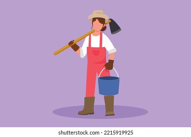Cartoon flat style drawing cute female farmer holding hoe and bucket. Smiling agricultural worker standing on green grass with plants. Agronomic woman at farmland. Graphic design vector illustration