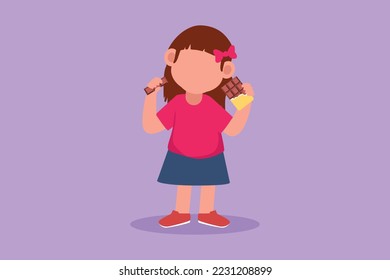 Cartoon flat style drawing of cute little child eat chocolate bar wrapped in package. Adorable girl kid enjoy sweet dessert snack. Favorite yummy treat for children. Graphic design vector illustration