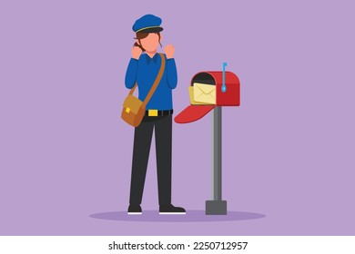 Cartoon flat style drawing cute postwoman with celebrate gesture standing in hat, bag, uniform, holding an envelope. Working hard to delivering mail to home address. Graphic design vector illustration