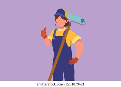 Cartoon flat style drawing cute handywoman holding long paintbrush roll with thumbs up gesture is ready to work on painting wall and repairing damaged part of house. Graphic design vector illustration