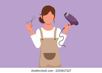 Cartoon flat style drawing cute young woman barber with hair dryer and scissors ready to service client. Hairstylist or hair style beauty concept. Success business. Graphic design vector illustration