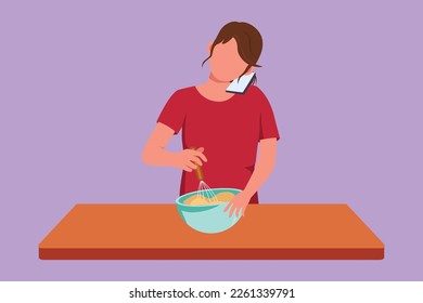 Cartoon flat style drawing cute woman talks on smartphone while preparing dinner while standing in kitchen and knead cake dough using manual hand mixer. Fun cooking. Graphic design vector illustration