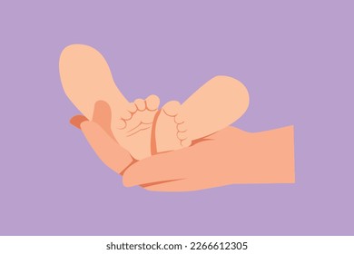 Cartoon flat style drawing cute baby feet in mother hands. Tiny newborn babies feet on female hands. Mom and her child. Happy family concept. Beautiful of maternity. Graphic design vector illustration