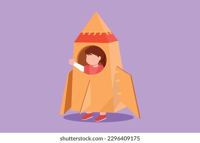 Dibujo de dibujo de estilo plano adorable niña creativa que juega como astronauta. Niños felices y encantadores con disfraz de cohete hecho de cajas de cartón. Los niños tienen una idea creativa. Ilustración vectorial de diseño gráfico