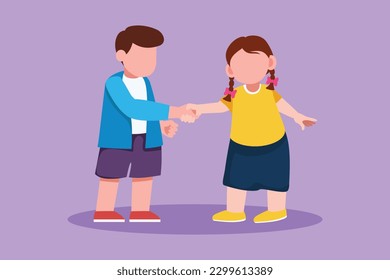 Caricatura de estilo plano dibujando lindos niños y niñas de pie y estrechando manos haciendo amistad. Los niños se presentan. Niños tocando la mano entre ellos. Ilustración vectorial de diseño gráfico
