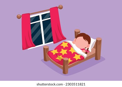 Cartoon flat style drawing cute little girl sleeping on tonight dreams, good night and sweet dreams. Happy little child sleep in bed room. Kid sleeping at cozy room. Graphic design vector illustration
