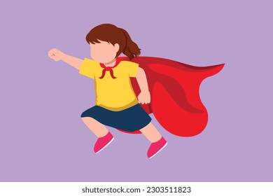 Cartoon flat style drawing cute super girl. Pretty little girl dressed as super hero flying in traditional heroic pose, stretching up her arm, cape in wind develops. Graphic design vector illustration
