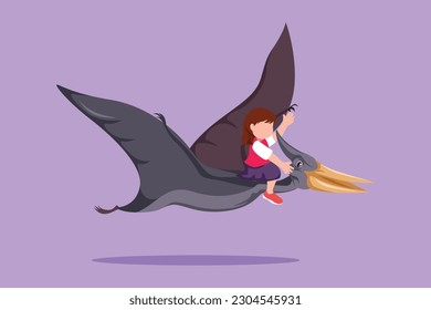 Cartoon flat style drawing cute little girl riding flying dinosaur. Pterodactyl ride with kids sitting on back of dinosaur and flying high in sky. Bravery children. Graphic design vector illustration