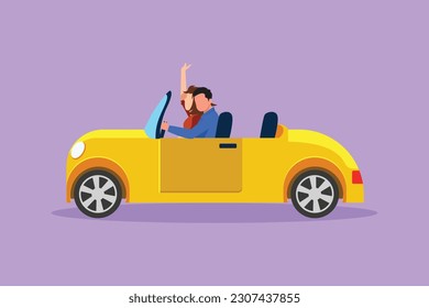 Dibujo de caricatura de estilo plano de una pareja mona y elegante en viaje por carretera en un coche retro vintage. Hombre feliz y mujer hermosa en el vehículo. Relación romántica pareja casada. Ilustración vectorial de diseño gráfico