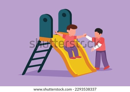 Cartoon flat style drawing cute preschool boy sliding down slide and happy friend seeing him on side of slide. Kids playing together on playground at amusement park. Graphic design vector illustration