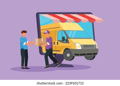 Cartoon flat style drawing delivery box car comes out partly from big monitor screen and male courier give package box to male customer. Online store transportation. Graphic design vector illustration