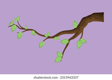 Cartoon flat style drawing dense of leaf hanging from tree branch. Spring planting. Early seedlings grown from seeds. Agriculture. Earth day, ecology concept, icon. Graphic design vector illustration