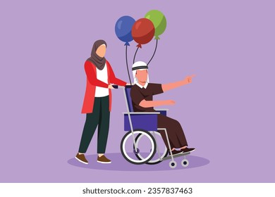 Cartoon flach Zeichnung Behinderung Menschen Konzept. Eine arabische Frau führt einen behinderten Mann im Rollstuhl. Zugänglichkeit, Rehabilitation ungültiger Person, Aktivitäten der Menschen. Grafikdesign, Vektorgrafik