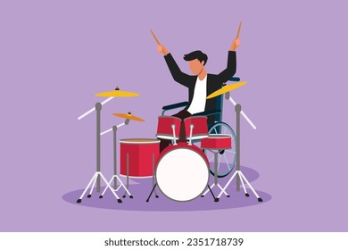 Dibujo de caricatura de estilo plano discapacitado hombre apuesto en silla de ruedas tocando tambor en el evento musical. Discapacitado físicamente. Persona en el hospital. Paciente del centro de rehabilitación. Ilustración vectorial de diseño gráfico