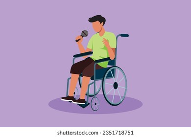 Cartoon flat style drawing disabled person enjoying life. Handsome man sitting in wheelchair singing at musical performance event. Spend time in recreational place. Graphic design vector illustration