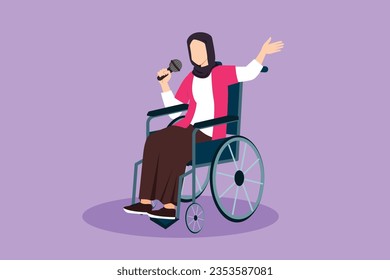 Cartoon flat style drawing disabled person enjoying life. Beautiful Arab woman sitting in wheelchair singing at karaoke hospital. Spend time in recreational place. Graphic design vector illustration