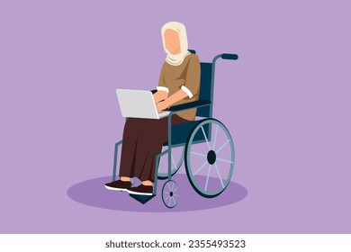 Cartoon flat style drawing disabled Arab woman working on laptop. Wheelchair, idea, computer. Freelance, disability. Online job startup. Physical disability society. Graphic design vector illustration
