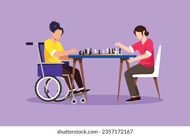 Cartoon flat style drawing disabled woman in wheelchair plays chess with friend. People on social adaptation, hobby, tolerance, inclusive, accessibility, diversity. Graphic design vector illustration