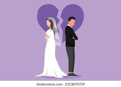 Cartoon flat style drawing divorced married couple are angry, frustration. Relationship break up, broken heart, couple facing opposite direction with wedding dress. Graphic design vector illustration