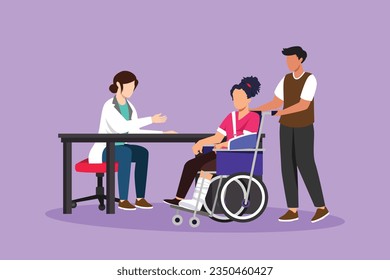 Cartoon flat style drawing doctor and patient. Practitioner doctor and beautiful woman patient in hospital medical office. Consultation, diagnosis. Medicine concept. Graphic design vector illustration