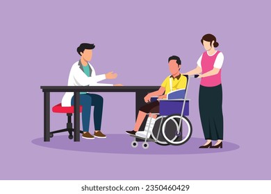 Cartoon flat style drawing doctor and patient. Practitioner doctor man and old man patient in hospital medical office. Consultation and diagnosis. Medicine concept. Graphic design vector illustration