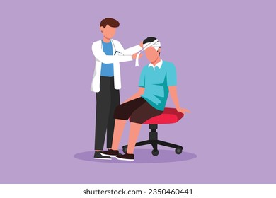 Cartoon flat style drawing of doctor bandaging head of injured young man. Paramedic and male patient head injury in hospital. Emergency or first aid medical concept. Graphic design vector illustration