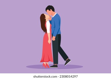 Cartoon flat style drawing dominant relationship. Romantic couple in love kissing and hugging. Happy handsome man and pretty woman celebrating wedding anniversary. Graphic design vector illustration