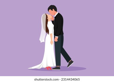 Cartoon flachen Stil Zeichnung dominante Beziehung des Menschen. Ehepaar verliebt beim Küssen und Umarmn. Fröhlicher gut aussehender Mann und schöne Frau bei Hochzeitsfeiern. Grafikdesign, Vektorgrafik