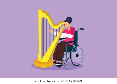 Cartoon flat style drawing elegant woman sitting in wheelchair playing harp in concert. Disability and classical music. Physically disabled. Rehabilitation center. Graphic design vector illustration