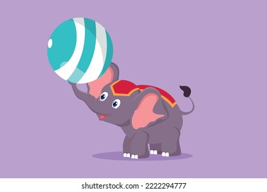 Cartoon flat style drawing an elephant performs circus show by turning a ball using its trunk. Cute animal which is very attractive. Successful show entertainment. Graphic design vector illustration