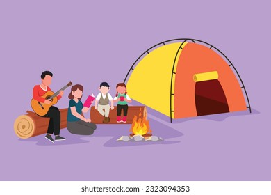 Cartoon flat style drawing of family fun at summer camping spending time together. Dad playing guitar and sing a song with son. Mom reading story book with daughter. Graphic design vector illustration