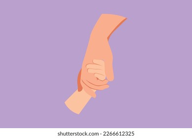 Cartoon flat style drawing father giving hand to his child. Adorable babies hands holding daddy finger. Parenting father care with love. Parental concept. Happy dad. Graphic design vector illustration