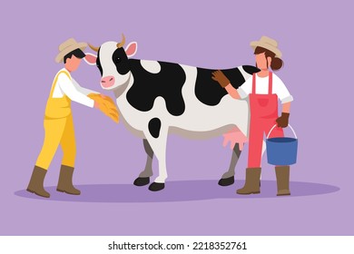 Cartoon flat style drawing female farmer standing and rubbing the cow while carrying bucket of water. Man feeding farm animal with grass or hay. Successful farming. Graphic design vector illustration