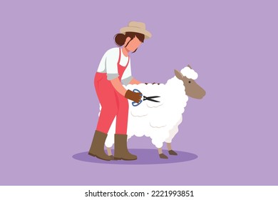 Cartoon flat style drawing of female farmer shears sheep to make sweaters. Results of sheep farming in countryside. Livestock worker activities. Successful farming. Graphic design vector illustration