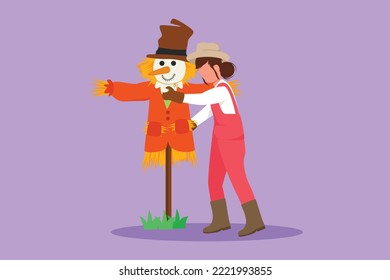 Cartoon flat style drawing female farmer in straw hat putting up a scarecrow to keep out pests of birds. Countryside rice fields. Successful agriculture and farming. Graphic design vector illustration
