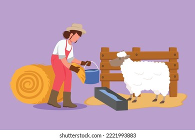 Cartoon flat style drawing female farmer feed sheep with fresh grass to be healthy, produce best milk, meat, fleece. Livestock worker activities. Successful farming. Graphic design vector illustration