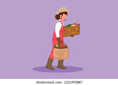 Cartoon flat style drawing female farmer carrying basket full of fruit in her hands. Abundant yields from plantations in the countryside. Successful farming concept. Graphic design vector illustration