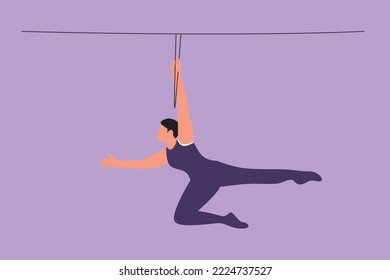 Cartoon flat style drawing of female acrobat swings on the trapeze with one hand hanging. It takes courage and continuous practice. Circus show event entertainment. Graphic design vector illustration