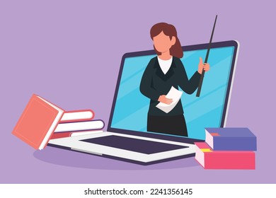 Cartoon flat style drawing female teacher teaching, half of her body is out of laptop computer screen and beside her pile of books. internet class. Online learning. Graphic design vector illustration