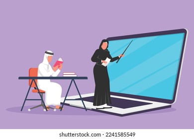 Cartoon flat style drawing female teacher standing in front of laptop screen holding book and teaching Arabian senior high school student sitting on chair near desk. Graphic design vector illustration