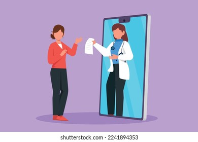 Cartoon flat style drawing female patient receiving prescription from female doctor coming out of smartphone screen. Online medical healthcare consultation concept. Graphic design vector illustration