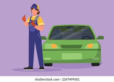 Dibujo plano de caricatura que dibuja mecánica femenina parada frente al auto con gesto de pulgar hacia arriba, sosteniendo la llave para realizar el mantenimiento en el motor del vehículo o en el transporte. Ilustración vectorial de diseño gráfico